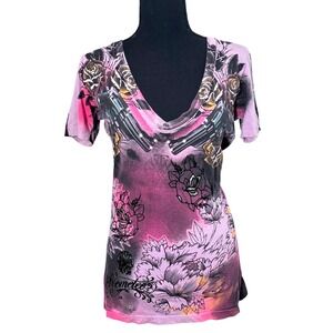 Y2K Tattoo Graphic Tee Women Small Pink Revolver Biker Indie Sleaze Cyber Grunge